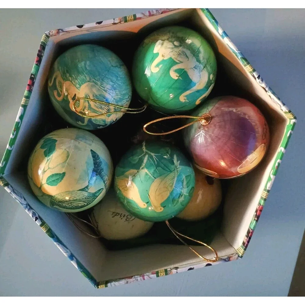 VTG The Twelve Days of Christmas Decoupage Paper Mache Ball Ornament Set & Box